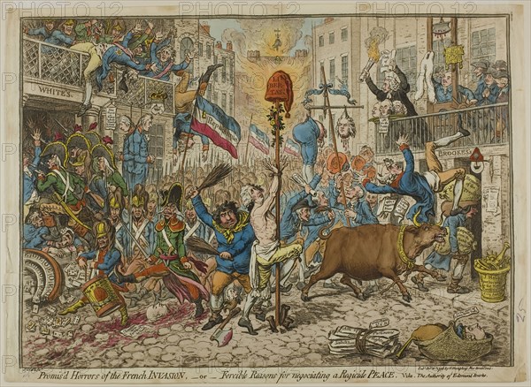 Promis’d Horrors of the French Invasion, published October 20, 1796, James Gillray (English, 1756-1815), published by Hannah Humphrey (English, c. 1745-1818), England, Hand-colored etching on paper, 305 × 425 mm (image), 320 × 430 mm (plate), 325 × 445 mm (sheet)