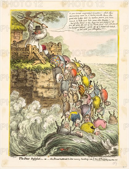 The Pigs Possessed, published April 18, 1807, James Gillray (English, 1756-1815), published by Hannah Humphrey (English, c. 1745-1818), England, Hand-colored etching on paper, 390 × 290 mm (image), 415 × 300 mm (plate), 447 × 342 mm (sheet)