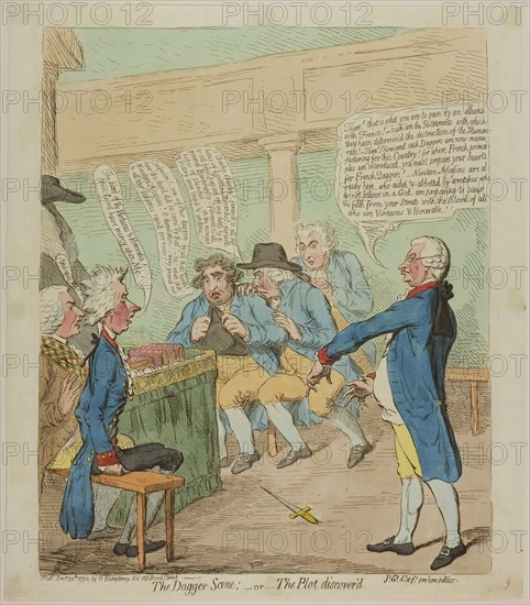 The Dagger Scene, published December 30, 1792, James Gillray (English, 1756-1815), published by Hannah Humphrey (English, c. 1745-1818), England, Hand-colored etching on paper, 350 × 288 mm (image), 370 × 300 mm (plate), 380 × 330 mm (sheet)
