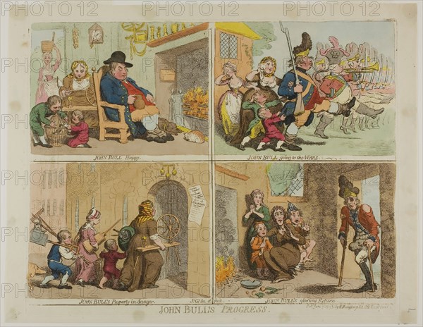 John Bulls Progress, published June 3, 1793, James Gillray (English, 1756-1815), published by Hannah Humphrey (English, c. 1745-1818), England, Hand-colored etching on paper, 280 × 370 mm (image), 300 × 377 mm (plate), 325 × 420 mm (sheet)