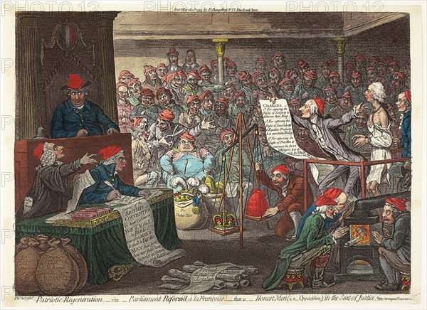 Patriotic Regeneration, -viz., Parliament Reform’d, a la Françoise…, published March 2, 1795, James Gillray (English, 1756-1815), published by Hannah Humphrey (English, c. 1745-1818), England, Hand-colored etching and aquatint on paper, 295 × 410 mm (image), 310 × 425 mm (plate), 315 × 435 mm (sheet)