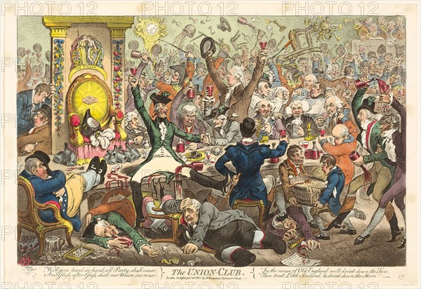 The Union Club, published January 21, 1801, James Gillray (English, 1756-1815), published by Hannah Humphrey (English, c. 1745-1818), England, Hand-colored etching on paper, 283 × 440 mm (image), 304 × 445 mm (plate), 318 × 464 mm (sheet)