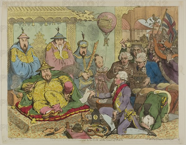 Reception of the Diplomatique & his Suite, at the Court of Pekin, published September 14, 1792, James Gillray (English, 1756-1815), published by Hannah Humphrey (English, c. 1745-1818), England, Hand-colored etching on paper, 305 × 390 mm (image), 315 × 400 mm (plate), 330 × 415 mm (sheet)