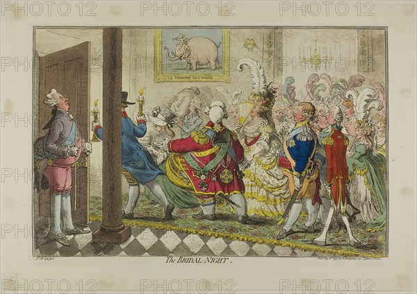 The Bridal Night, published May 18, 1797, James Gillray (English, 1756-1815), published by Hannah Humphrey (English, c. 1745-1818), England, Etching in dark brown, with handcoloring, on cream wove paper, 292 × 449 mm (image), 305 × 454 mm (plate), 361 × 517 mm (sheet)