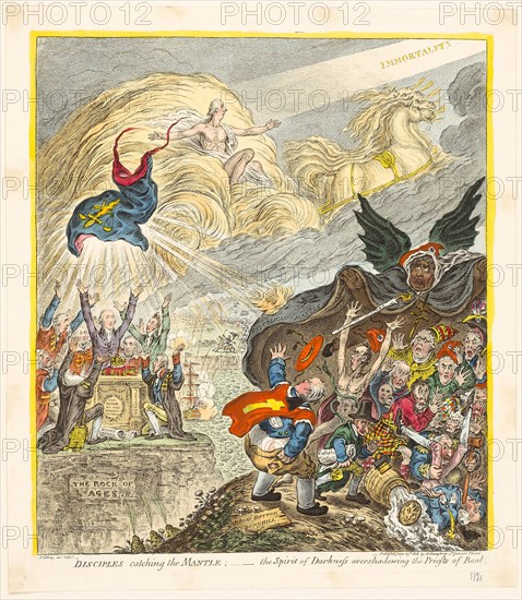 Disciples Catching the Mantle, published June 25, 1808, James Gillray (English, 1756-1815), published by Hannah Humphrey (English, c. 1745-1818), England, Hand-colored etching on paper, 380 × 330 mm (image), 405 × 340 mm (plate), 430 × 375 mm (sheet)