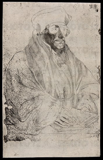 Desiderius Erasmus, 1630/33, Anthony van Dyck (Flemish, 1599-1641), after Hans Holbein, the Younger (German, 1497-1543), Flanders, Etching in black on ivory laid paper, 243 × 152 mm (image/sheet, trimmed within platemark)