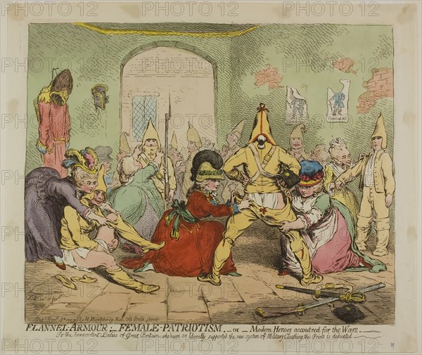 Flannel Armour, Female Patriotism, published November 18, 1793, James Gillray (English, 1756-1815), published by Hannah Humphrey (English, c. 1745-1818), England, Hand-colored etching on paper, 290 × 352 mm (image), 312 × 360 mm (plate), 335 × 395 mm (sheet)