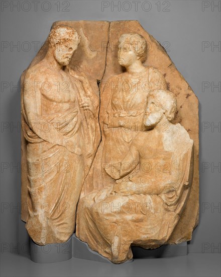 Fragment of a Funerary Naiskos (Monument in the Shape of a Temple), about 330 BC, Greek, Athens, Athens, Marble, 152.4 × 111.8 × 33 cm (60 × 44 × 13 in.)