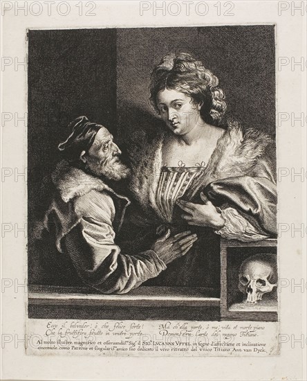 Titian and His Mistress, c. 1620, Lucas Vorsterman (Dutch, 1595-1675), after Anthony van Dyck (Flemish, 1599-1641), Flanders, Etching and engraving in black on ivory laid paper, 304 × 303 mm (image/plate), 345 × 275 mm (sheet)
