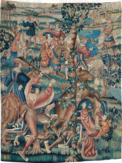 Tapestry (Bear Hunt and Falconry from a Hunts Series), c. 1525, Franco-Flemish, Belgium, Wool and silk, silt and single and double dovetailed tapestry weave, 259.8 × 337.5 cm (102 5/16 × 132 7/8 in.)