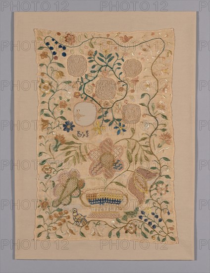 Sampler, 1795, United States, Pennsylvania, Philadelphia, Pennsylvania, Linen, plain weave, cutwork embroidered with linen in needle lace filling stitches, cut and drawn work embroidered with silk and linen in buttonhole, cross, darning and single satin stitches, and embroidered with silk in buttonhole, chain and satin stitches, 42 x 28.4 cm (16 1/2 x 11 1/2 in.)