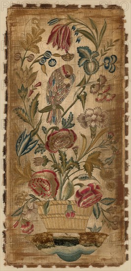 Panel (For a Sconce), 18th century, England, Silk, satin weave, embroidered with colored silk floss in long, short and satin stitches, darned pile, 45.7 × 21.8 cm (18 × 8 5/8 in.)