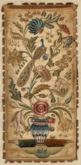 Panel (For a Sconce), 18th century, England, Silk, satin weave, embroidered with colored silk floss in long, short and satin stitches, darned pile, couching in silver metal thread wound around a fiber core, 45.8 × 21.7 cm (18 × 8 5/8 in.)