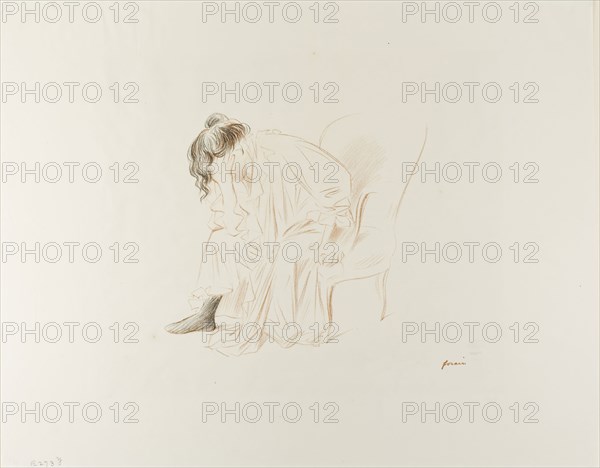 Seated Woman, Head in Right Hand, 1897, Jean Louis Forain, French, 1852-1931, France, Lithograph in sanguine and black on ivory wove paper, 390 × 490 mm