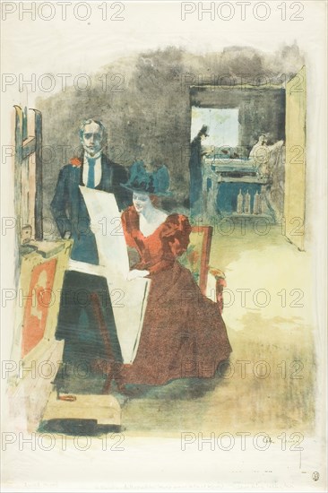 Cover for the portfolio, The Painters-Lithographers (Les Peintres Lithographes), 1892, Alexandre Lunois, French, 1863-1916, France, Lithograph in yellow, black, orange-red, blue-green, and olive on cream wove paper, 383 × 295 mm (image), 461 × 311 mm (sheet)