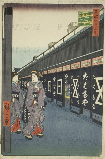 Cotton-goods Lane, Odenma-cho (Odenma-cho momendana), from the series One Hundred Famous Views of Edo (Meisho Edo hyakkei), 1858, Utagawa Hiroshige ?? ??, Japanese, 1797-1858, Japan, Color woodblock print, oban
