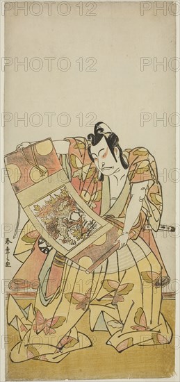 The Actor Nakamura Nakazo I as Soga no Goro Tokimune in the Play Kazoe Uta Ta Ue Soga, Performed at the Nakamura Theater in the First Month, 1776, c. 1776, Katsukawa Shunsho ?? ??, Japanese, 1726-1792, Japan, Color woodblock print, hosoban, left sheet of triptych (?), 33.2 x 15.3 cm (13 1/8 x 6 in.)