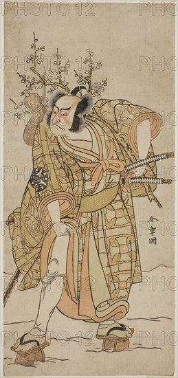 The Actor Nakamura Nakazo I as Matano no Goro in the Play Hana-zumo Genji Hiiki, Performed at the Nakamura Theater in the Eleventh Month, 1775, c. 1775, Katsukawa Shunsho ?? ??, Japanese, 1726-1792, Japan, Color woodblock print, hosoban, 31.3 x 14.5 cm (12 5/16 x 5 11/16 in.)