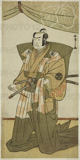 The Actor Nakamura Nakazo I as Saito Sanemori in the Play Kitekaeru Nishiki no Wakayaka, Performed at the Nakamura Theater in the Eleventh Month, 1780, c. 1780, Katsukawa Shunsho ?? ??, Japanese, 1726-1792, Japan, Color woodblock print, hosoban, 30.4 x 15 cm (11 15/16 x 5 7/8 in.)