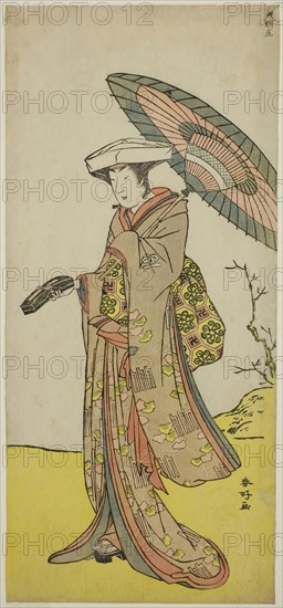 The Actor Nakayama Kojuro VI as Chinzei Hachiro Tametomo Disguised as Lady Hotoke (Hotoke Gozen) in the Play Yukimotsu Take Furisode Genji, Performed at the Nakamura Theater in the Eleventh Month, 1785, c. 1785, Katsukawa Shunko I, Japanese, 1743-1812, Japan, Color woodblock print, hosoban, 32.4 x 14.8 cm (12 3/4 x 5 13/16 in.)