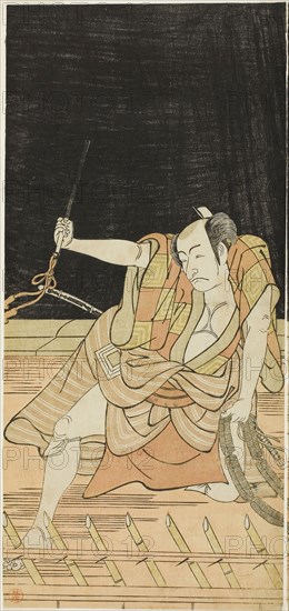 The Actor Ichikawa Danjuro V as Issun Tokubei in Act Eight of the Play Natsu Matsuri Naniwa Kagami (Mirror of Osaka in the Summer Festival), Performed at the Morita Theater from the Seventeenth Day of the Seventh Month, 1779, c. 1779, Katsukawa Shunko I, Japanese, 1743-1812, Japan, Color woodblock print, left sheet of hosoban diptych (right: 1942.113), 31.4 x 14.5 cm (12 3/8 x 5 11/16 in.)