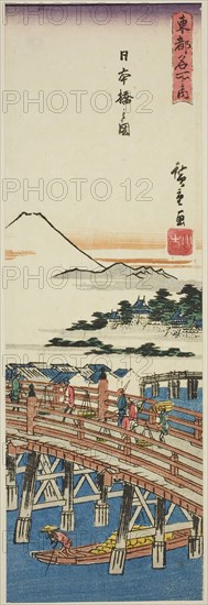 View of Nihon Bridge (Nihonbashi no zu), from the series Famous Places in the Eastern Capital (Toto meisho no uchi), early 1840s, Utagawa Hiroshige ?? ??, Japanese, 1797-1858, Japan, Color woodblock print, aitanzaku, 34.7 x 11.1 cm (13 5/8 x 4 3/8 in.)