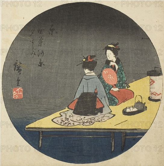 Enjoying the Evening Cool on the Riverbed at Shijo in Kyoto (Kyo Shijogawara yusuzumi), section of sheet no. 14 from the series Cutouts for the Fifty-three Stations (Gojusan tsugi harimaze), 1852, Utagawa Hiroshige ?? ??, Japanese, 1797-1858, Japan, Color woodblock print, section of harimaze sheet, 18.6 x 18.6 cm