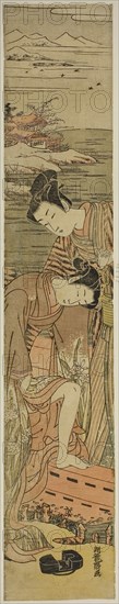 Young Woman Drops her Geta as She Boards a Boat, c. 1773, Isoda Koryusai, Japanese, 1735-1790, Japan, Color woodblock print, hashira-e, 25 3/8 x 4 3/4 in.