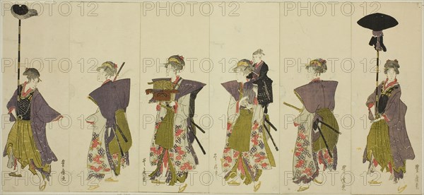 Parody of a daimyo procession, c. 1805/07, Utagawa Toyohiro, Japanese, 1773-1828, Japan, Color woodblock prints, 6 of 12 sheets (see 1928.391-396), Overall (twelve sheets) 9 1/4 x 40 1/2 in.