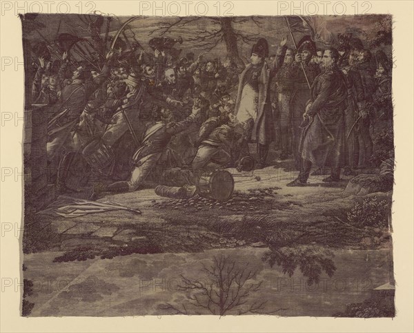 Le Retour de L’Ile d’Elbe (The Return from the Isle of Elba) (Furnishing Fabric), c. 1830, Engraved by Samuel Cholet (French, 1785–1874) after lithographs by Nicolas Toussaint Charlet (French, 1792–1895), Manufactured by Favre- Petitpierre et Cie.(French, active 1815), France, Nantes, Nantes, Cotton, plain weave, copperplate printed, 62.1 x 76.4 cm (24 1/2 x 30 1/8 in.)