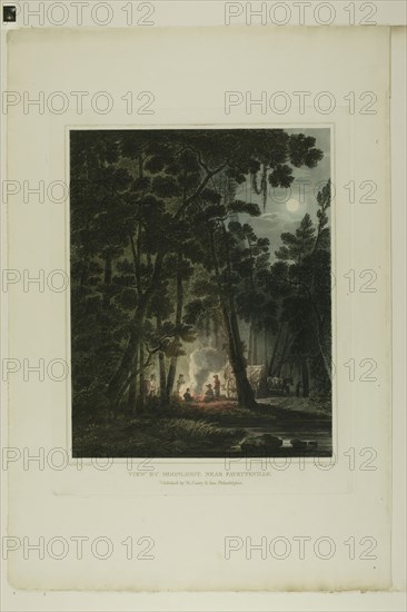 View By Moonlight, Near Fayetteville, plate three of the second number of Picturesque Views of American Scenery, 1819/21, John Hill (American, 1770-1850), after Joshua Shaw (American, born England, c. 1777-1860), published by Matthew Carey & Son (American, active 1795-1821), United States, Aquatint with etching and hand-coloring on cream wove paper, 339 x 271 mm (image), 385 x 302 mm (plate), 563 x 385 mm (sheet)