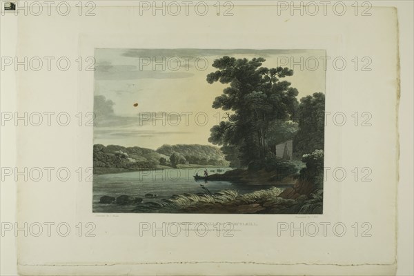 View above the Falls of Schuylkill, plate three of the first number of Picturesque Views of American Scenery, 1819/21, John Hill (American, 1770-1850), after Joshua Shaw (American, born England, c. 1777-1860), published by Matthew Carey & Son (American, active 1795-1821), United States, Aquatint with etching and hand-coloring on cream wove paper, 244 x 343 mm (image), 300 x 389 mm (plate), 382 x 560 mm (sheet)