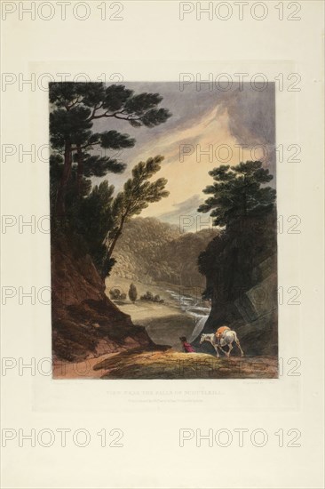 View Near the Schuylkill Falls, Pennsylvania, plate five of the first number of Picturesque Views of American Scenery, 1819/21, John Hill (American, 1770-1850), after Joshua Shaw (American, born England, c. 1777-1860), published by Matthew Carey & Son (American, active 1795-1821), United States, Aquatint with etching and hand-coloring on cream wove paper, 333 x 255 mm (image), 390 x 301 mm (plate), 560 x 374 mm (sheet)