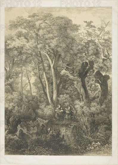 Fishing Family at the Edge of a Stream, 1860, Charles-André Malardot, French, 1817-1879, France, Etching, over fawn lithotint, with roulette, on ivory wove paper, 357 × 260 mm (image), 392 × 285 mm (sheet, cut within platemark)