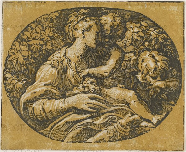 The Virgin, Christ Child, and Saint John, 1540/50, Antonio da Trento, Italian, 1510-1550, After Parmigianino, Italian, 1503-1540, Italy, Chiaroscuro woodcut printed in black and ochre from two blocks, on paper, 192 x 235 mm