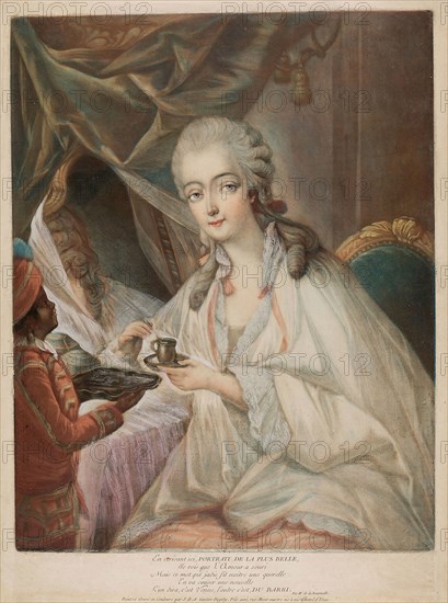 Madame du Barry, 1771, Jean-Baptiste-André Gautier D’Agoty, French, 1740-1786, France, Color aquatint, hand applied opaque white and embossing on laid paper, 399 × 312 mm (plate), 447 × 336 mm (sheet)