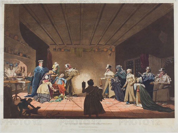 Cottagers’ Hospitality to Travellers or The Coach Broke Down, published March 27, 1819, James Pollard (English, 1797-1867), published by  R. Pollard & Sons (English, active 19th century), England, Aquatint in black, with hand-coloring, on paper