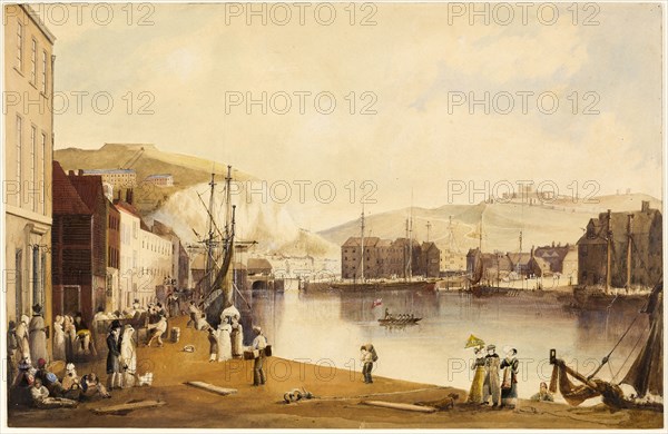 Dover Harbor, c. 1820, John Gendall, English, 1790-1865, England, Watercolor and gouache, with pen and brown and black ink, over graphite, heightened with gum arabic, on cream laid paper, laid down on ivory card, 323 × 499 mm
