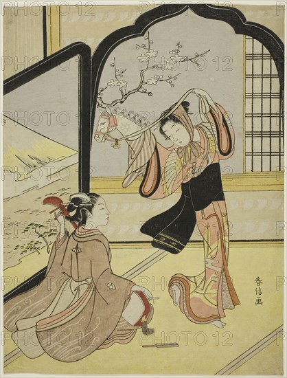 The Harugoma Dance, c. 1767/68, Suzuki Harunobu ?? ??, Japanese, 1725 (?)-1770, Japan, Color woodblock print, chuban, 10 5/8 x 8 in.