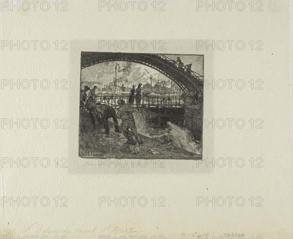 Lock of the Canal Saint-Martin, 1890, published 1910, Louis Auguste Lepère, French, 1849-1918, France, Wood engraving in black on cream Japanese tissue, 87 × 100 mm (image), 196 × 239 mm (sheet)