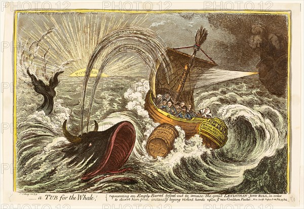 A Tub for the Whale!, published March 14, 1806, James Gillray (English, 1756-1815), published by Hannah Humphrey (English, c. 1745-1818), England, Hand-colored etching and aquatint on cream wove paper, 232 × 350 mm (image), 245 × 354 mm (plate), 258 × 375 mm (sheet), More Pigs Than Teats, published March 5, 1806, James Gillray (English, 1756-1815), published by Hannah Humphrey (English, c. 1745-1818), England, Hand-colored etching on paper, 235 × 350 mm (image), 248 × 354 mm (plate), 268 × 384 mm (sheet)