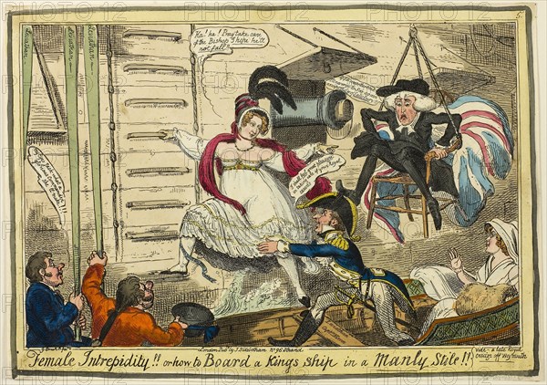 Female Intrepidity, 1816, George Cruikshank (English, 1792-1878), published by J. Sidebotham (English, active 1802-1820), England, Hand-colored etching on paper, 242 × 347 mm (image), 250 × 357 mm (plate), 255 × 360 mm (sheet)
