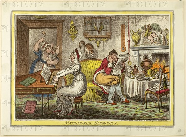 Matrimonial-Harmonics, published October 25, 1805, James Gillray (English, 1756-1815), published by Hannah Humphrey (English, c. 1745-1818), England, Hand-colored etching on paper, 253 × 360 mm (image), 260 × 365 mm (plate), 303 × 403 mm (sheet)