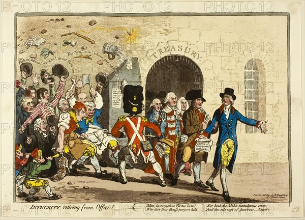 Integrity Retiring from Office, published February 24, 1801, James Gillray (English, 1756-1815), published by Hannah Humphrey (English, c. 1745-1818), England, Hand-colored etching and aquatint on paper, 237 × 347 mm (image), 255 × 355 mm (plate), 272 × 380 mm (sheet)