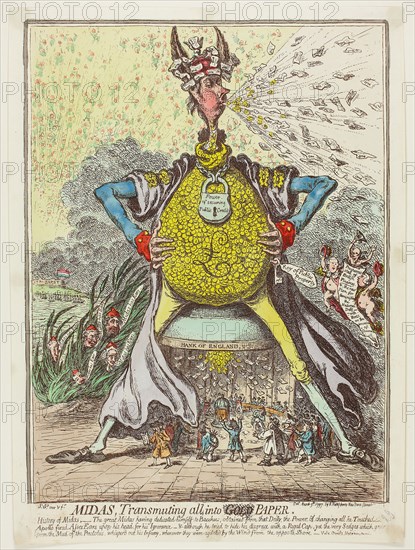 Midas, Transmuting All, Into Paper, published March 9, 1797, James Gillray (English, 1756-1815), published by Hannah Humphrey (English, c. 1745-1818), England, Hand-colored etching on paper, 335 × 240 mm (image), 355 × 247 mm (plate), 365 × 265 mm (sheet)