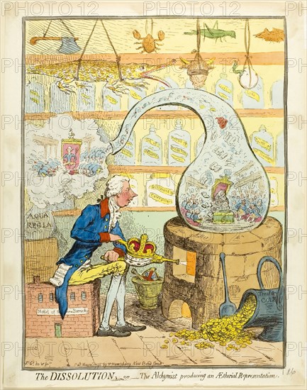 The Dissolution, or The Alchymist Producing an Aetherial Representation, published May 21, 1796, James Gillray (English, 1756-1815), published by Hannah Humphrey (English, c. 1745-1818), England, Etching in dark brown, with handcoloring, on cream wove paper, 341 × 258 mm (image), 362 × 263 mm (plate), 369 × 291 mm (sheet)