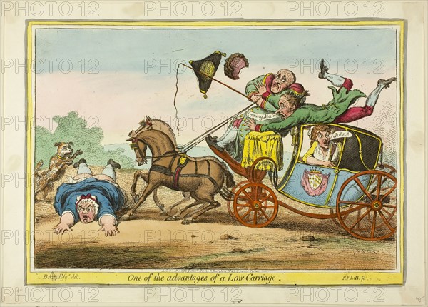 One of the Advantages of a Low Carriage, published June 1, 1801, James Gillray (English, 1756-1815), published by Hannah Humphrey (English, c. 1745-1818), England, Hand-colored etching on paper, 250 × 355 mm (image), 257 × 360 mm (plate), 285 × 397 mm (sheet)