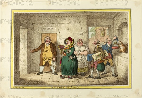 An Old Maid on a Journey, published November 20, 1804, James Gillray (English, 1756-1815), after Brownlow North (English, 1778-1829), published by Hannah Humphrey (English, c. 1745-1818), England, Hand-colored etching on paper, 245 × 373 mm (image), 251 × 380 mm (plate), 300 × 435 mm (sheet)