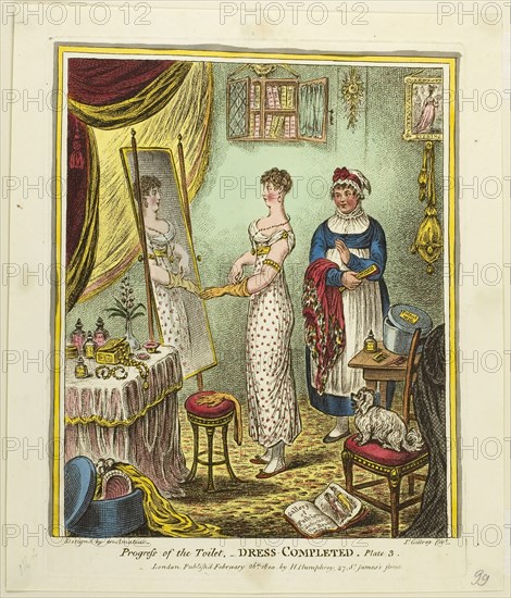 Dress Completed, plate three of Progress of the Toilet, published February 26, 1810, James Gillray (English, 1756-1815), published by Hannah Humphrey (English, c. 1745-1818), England, Hand-colored etching on cream wove paper, 255 × 209 mm (image), 280 × 220 mm (plate), 305 × 260 mm (sheet), The Wig, plate two from Progress of the Toilet, published February 26, 1810, James Gillray (English, 1756-1815), published by Hannah Humphrey (English, c. 1745-1818), England, Hand-colored etching on cream wove paper, 255 × 212 mm (image), 280 × 220 mm (plate), 300 × 255 mm (sheet)