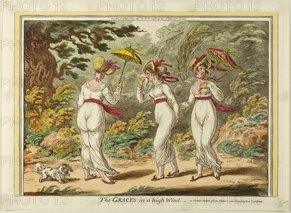 The Graces in a High Wind, published May 26, 1810, James Gillray (English, 1756-1815), published by Hannah Humphrey (English, c. 1745-1818), England, Hand-colored etching and aquatint on paper, 245 × 344 mm (image), 255 × 355 mm (plate), 275 × 372 mm (sheet)